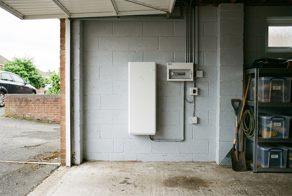 A home battery mounted on the inside wall of a garage