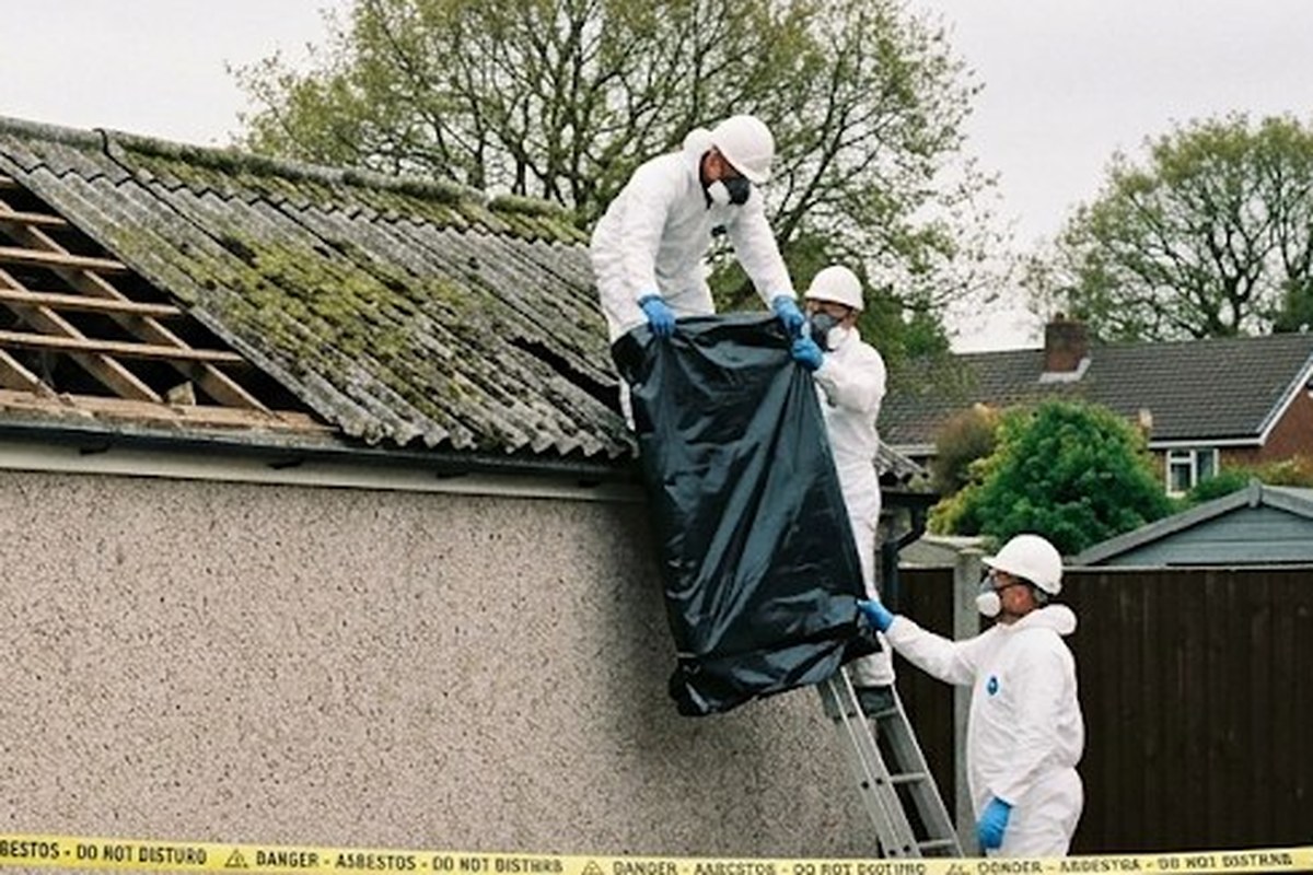 Operatives in protective suits lowering a wrapped sheet from a garage roof