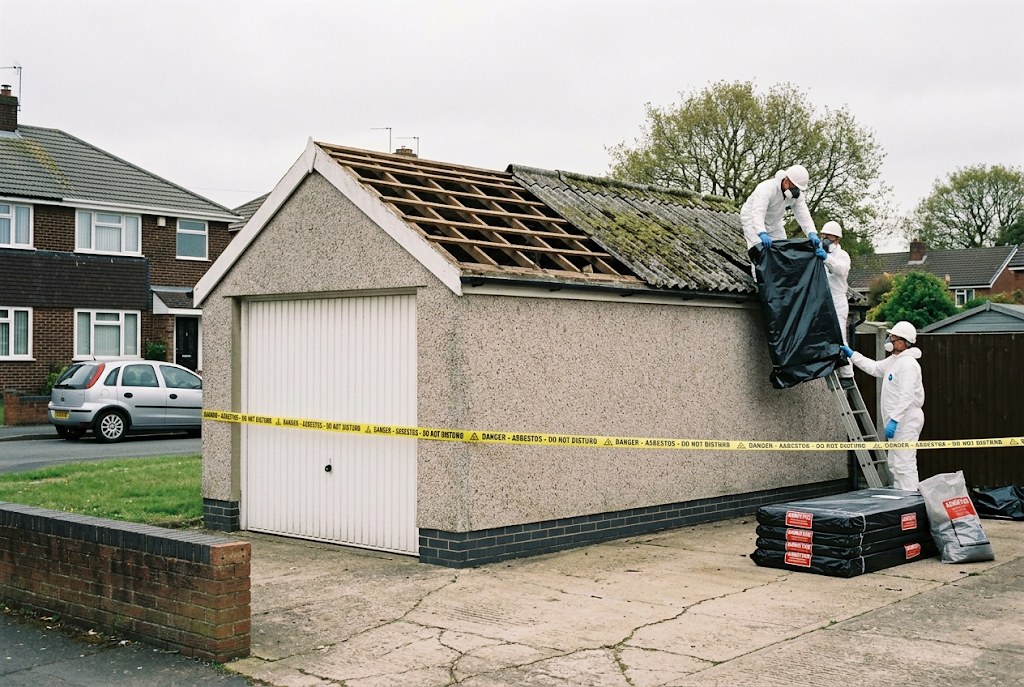 Garage roof removal in progress with cordon tape